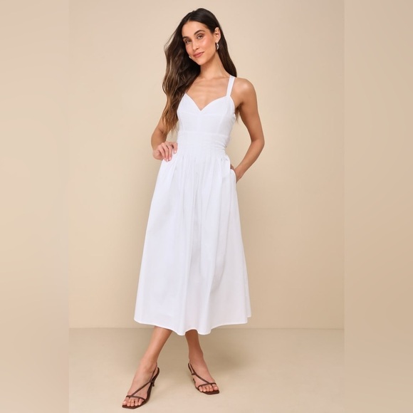 LULU’S Strolling Sicily White Pleated Backless Midi Dress With Pockets - Picture 5 of 5